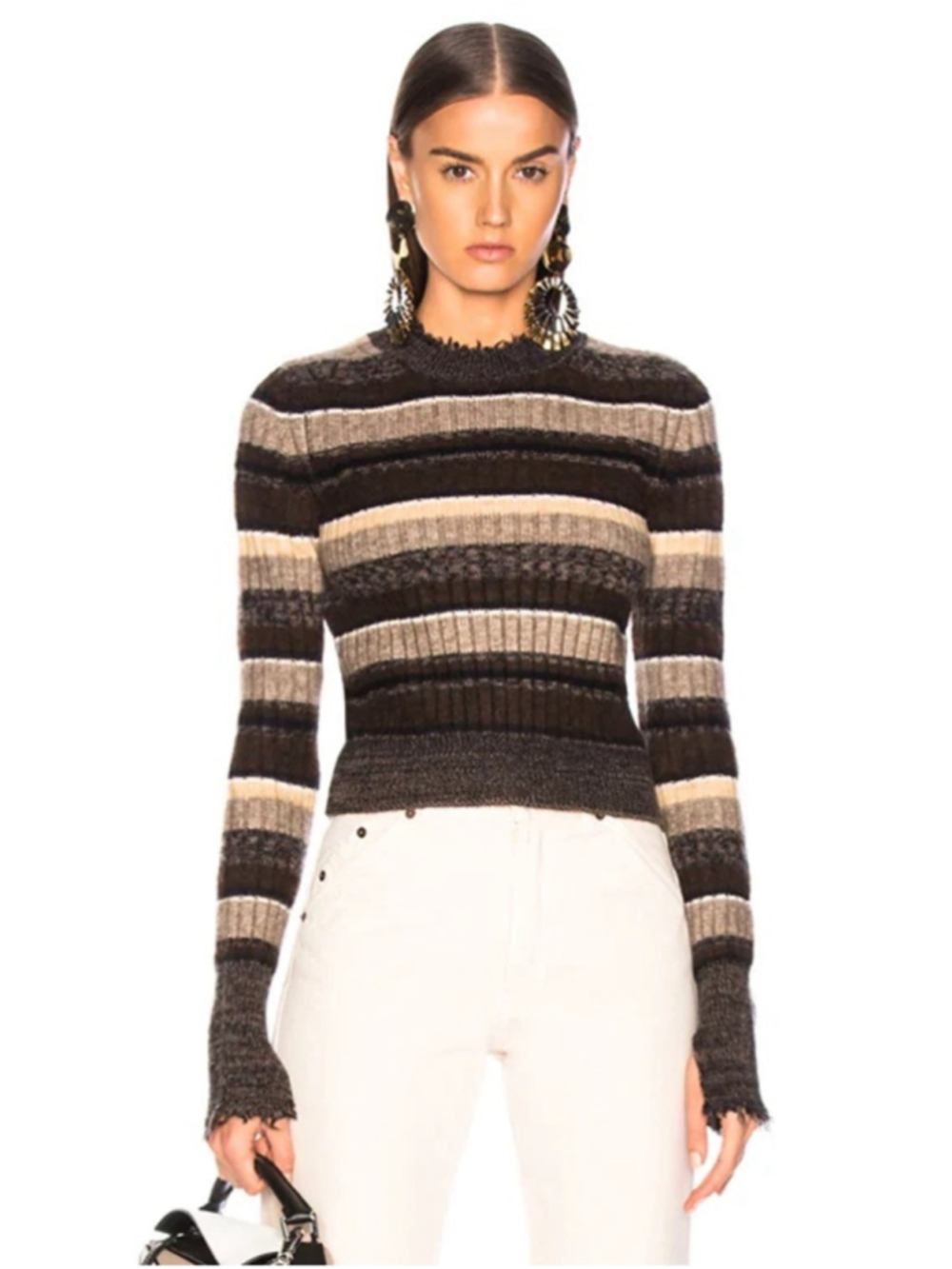 Helmut Lang Ombre Shrunken Crew Neck Sweater Size XS Mocha Melange Stripe